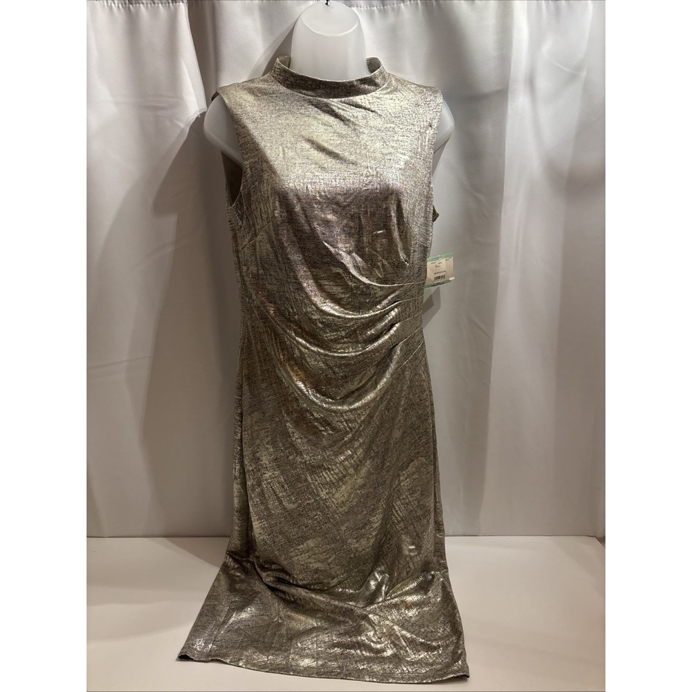 Anne Klein Dress‎ Size 8 Sleeveless Gold Metallic Stretch Sheath High Neck New